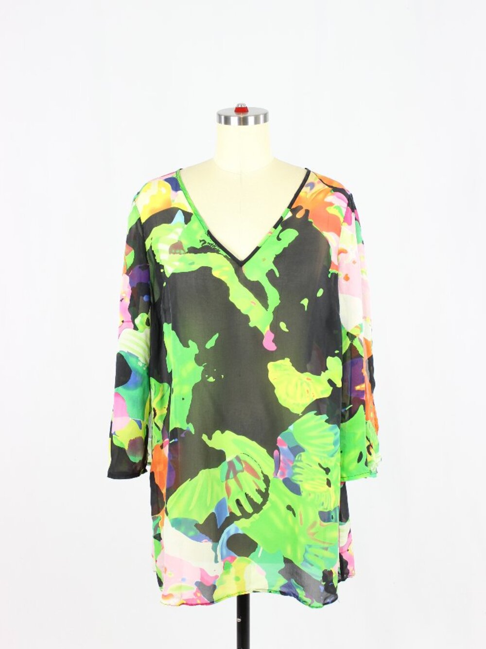 PLANET Black Floral 100% Silk Chiffon V-Neck Tunic Cover-Up Blouse, Size 10